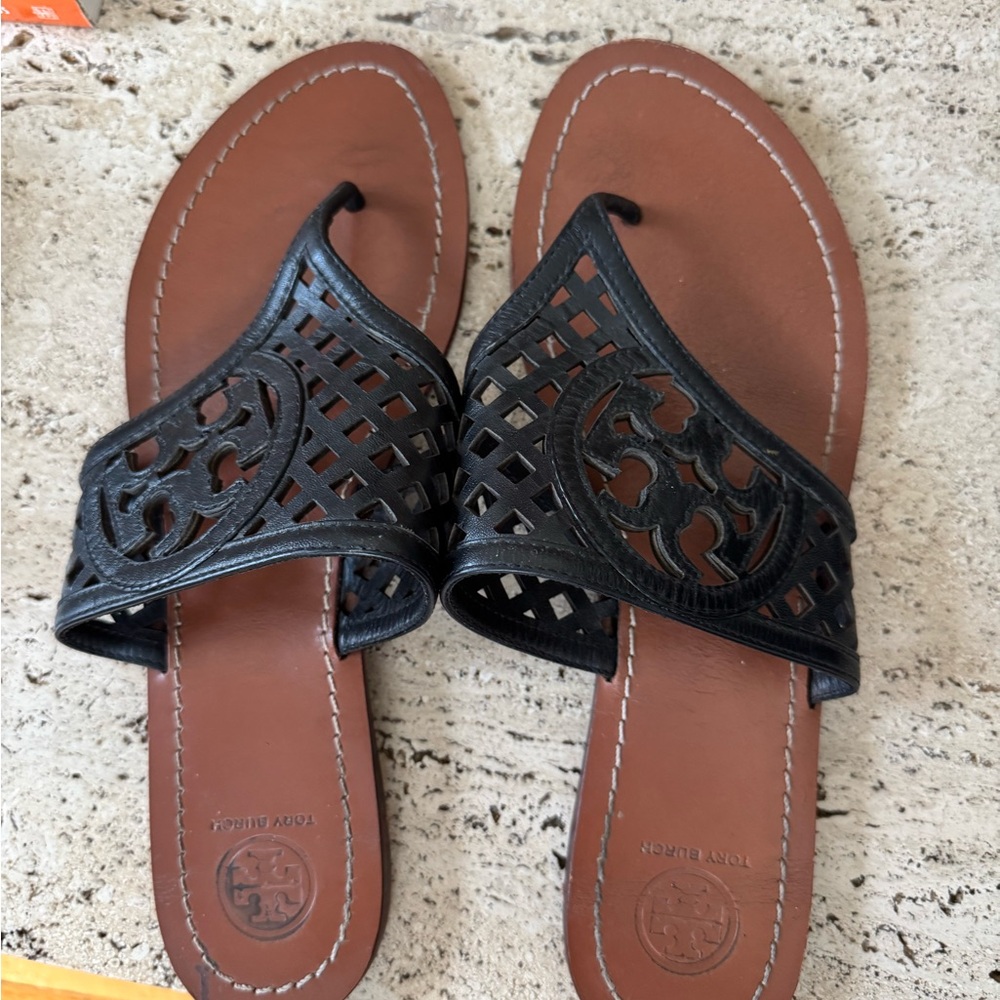 Tory Burch Black Leather Thatch Sandals